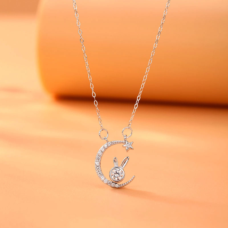 New 925 Sterling Silver Cute Rabbit Moon and Star Pendant Zodiac Necklace