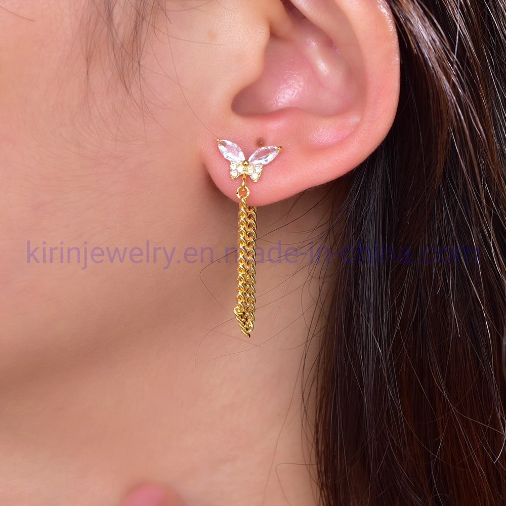 AAA CZ Zircon Cuban Chain and Earing Sets Butterfly Tassel Earrings 18K Gold Chain Link Tassel Earrings