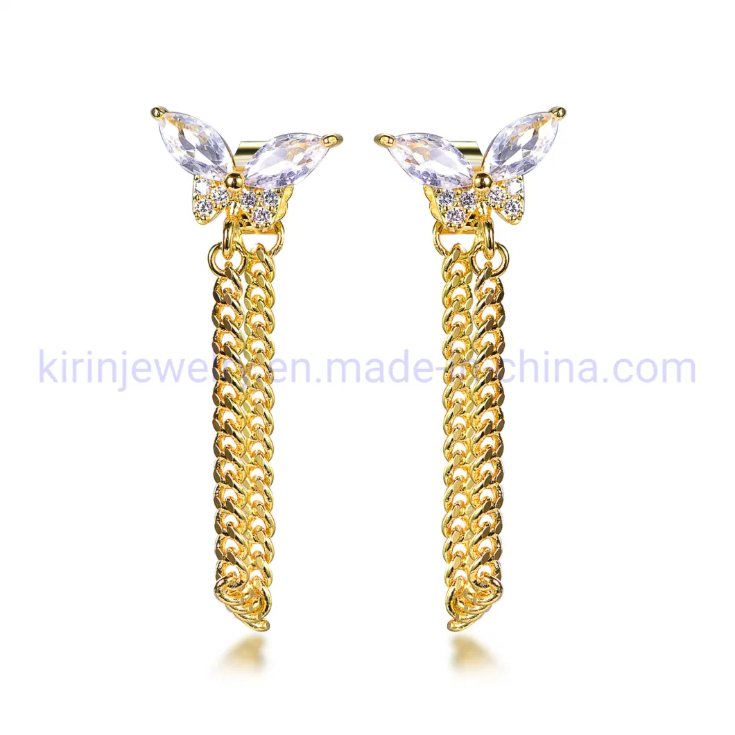 AAA CZ Zircon Cuban Chain and Earing Sets Butterfly Tassel Earrings 18K Gold Chain Link Tassel Earrings