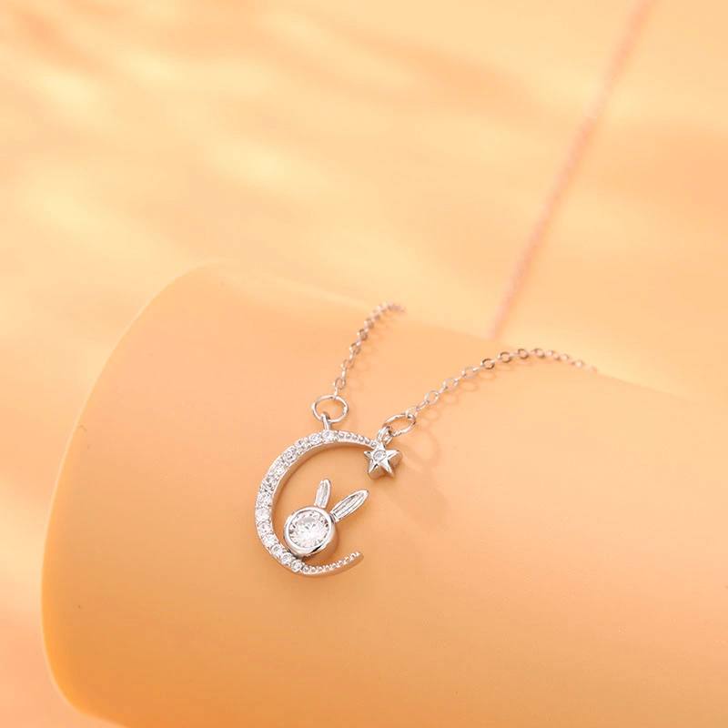 New 925 Sterling Silver Cute Rabbit Moon and Star Pendant Zodiac Necklace