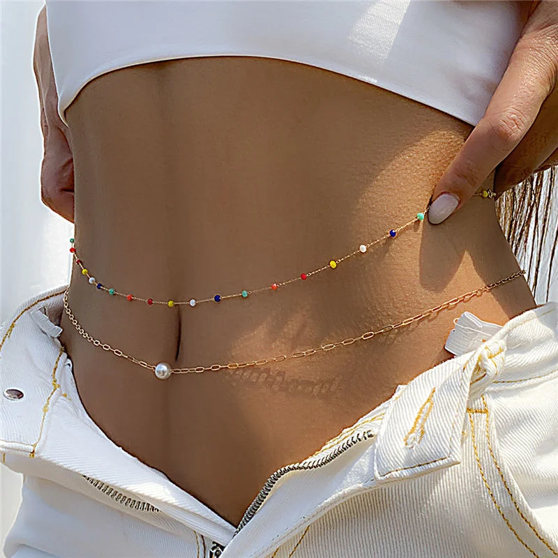 Gold Plated Stainless Steel Water Proof Jewelry Single Pearl Waist Body Chain